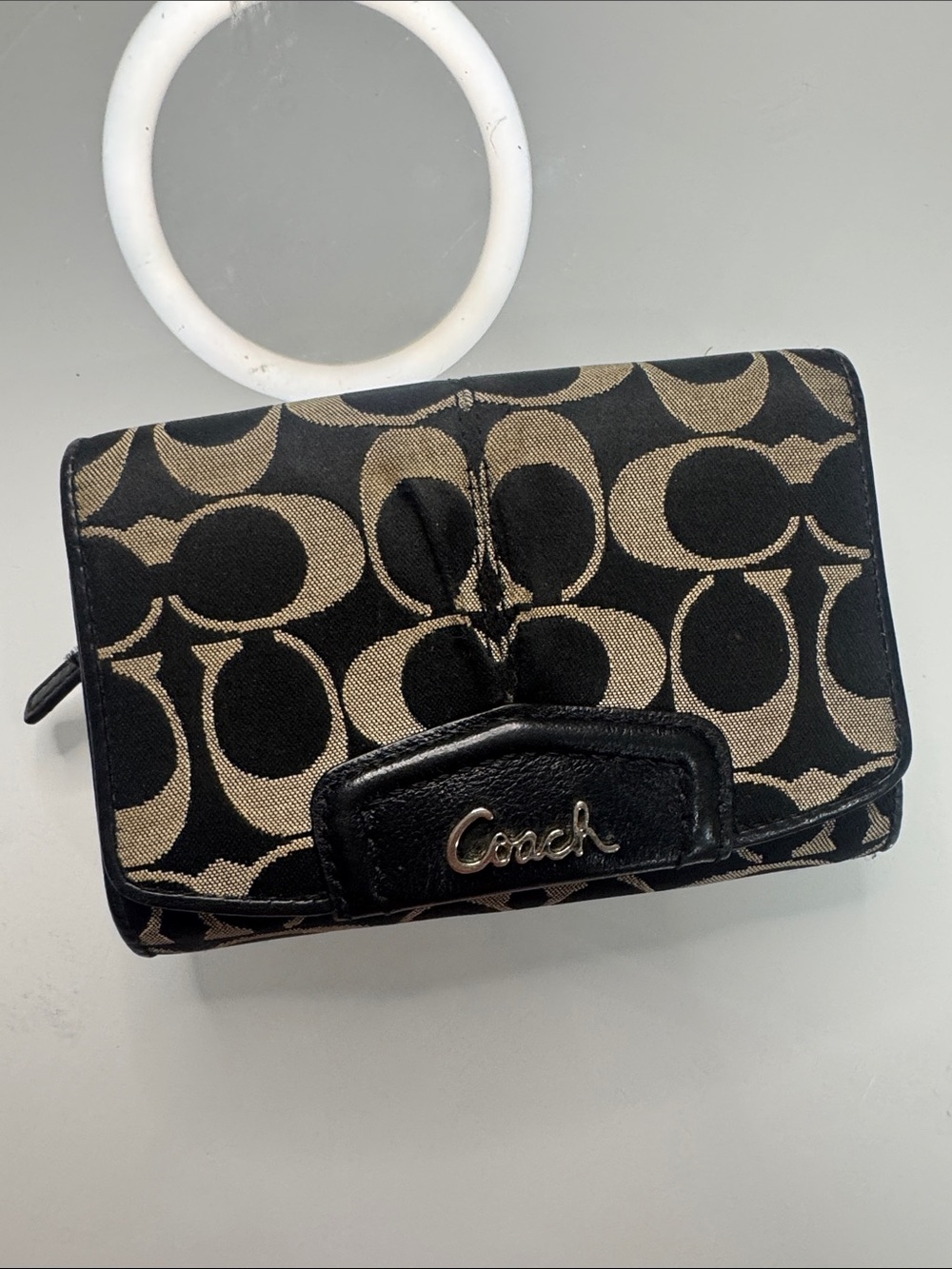 Coach Black and Tan Signature Canvas Small Wallet